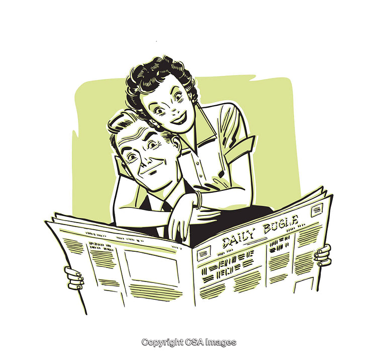 Retro Style Couple Reading a Newspaper in Playful Embrace
