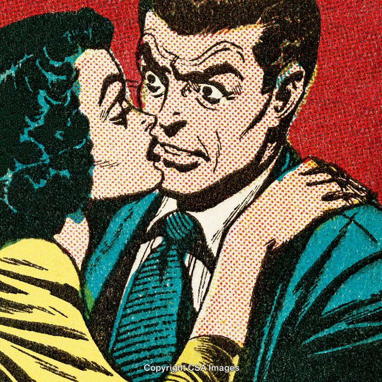 Retro Comic Style Couple Scene with Romantic and Surprised Expression