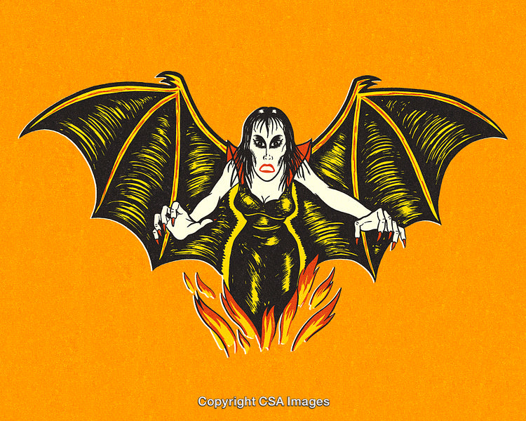 Illustration of a Gothic Winged Creature Emerging from Flames on Orange Background