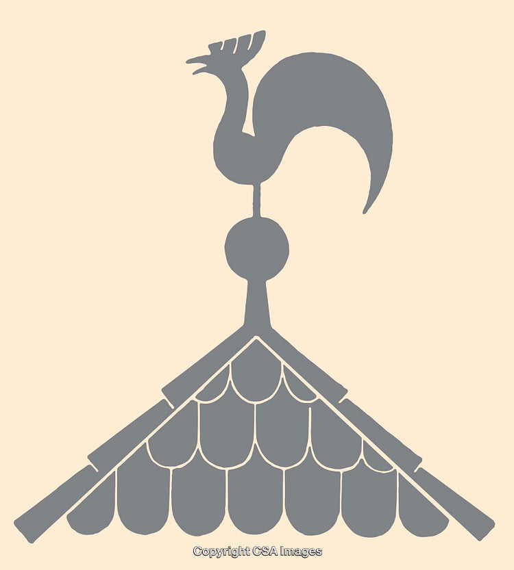 Silhouette Illustration of a Rooster Weather Vane on a Roof