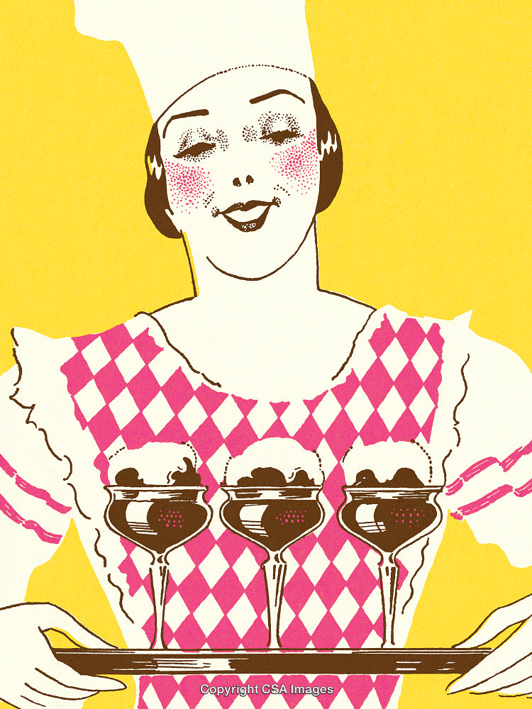 Vintage Illustration of a Joyful Waitress with a Dessert Tray