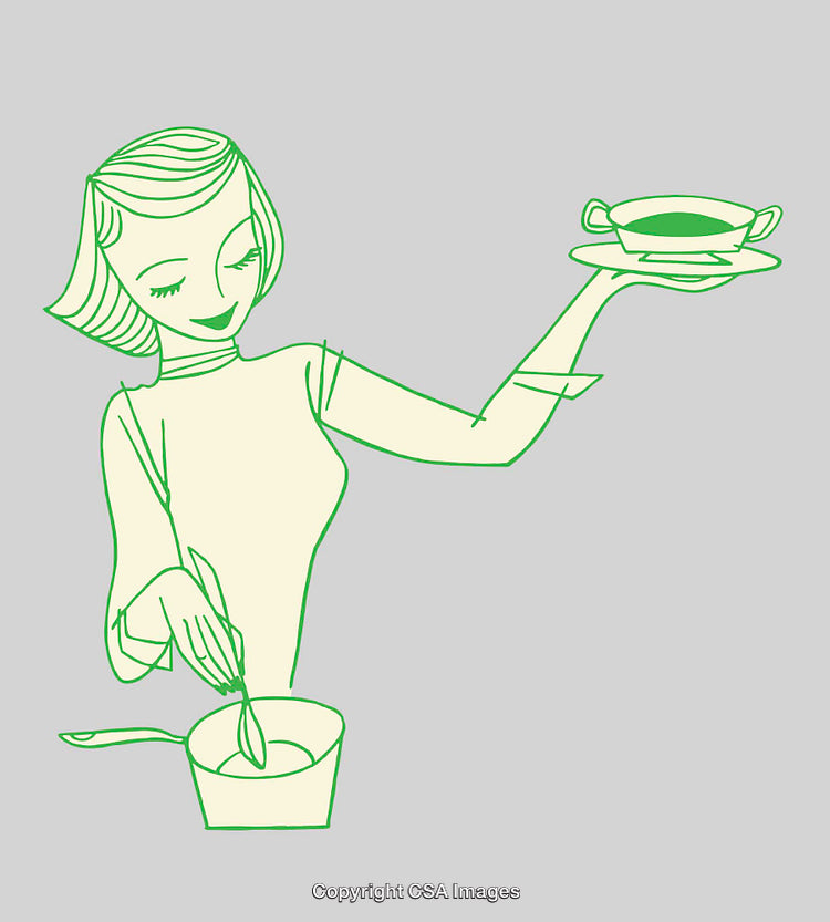 Retro Style Line Art of a Woman Cooking Soup with Elegance