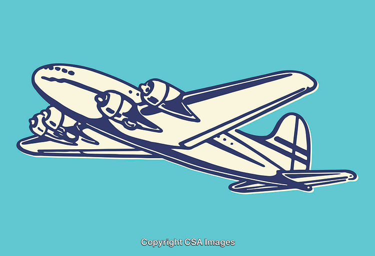Vintage Propeller Plane Illustration in Blue and Cream Tones Against Aqua