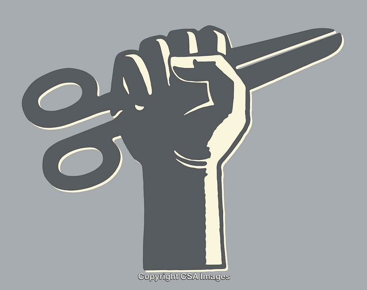 Minimalist Illustration of a Hand Holding Scissors on a Gray Background