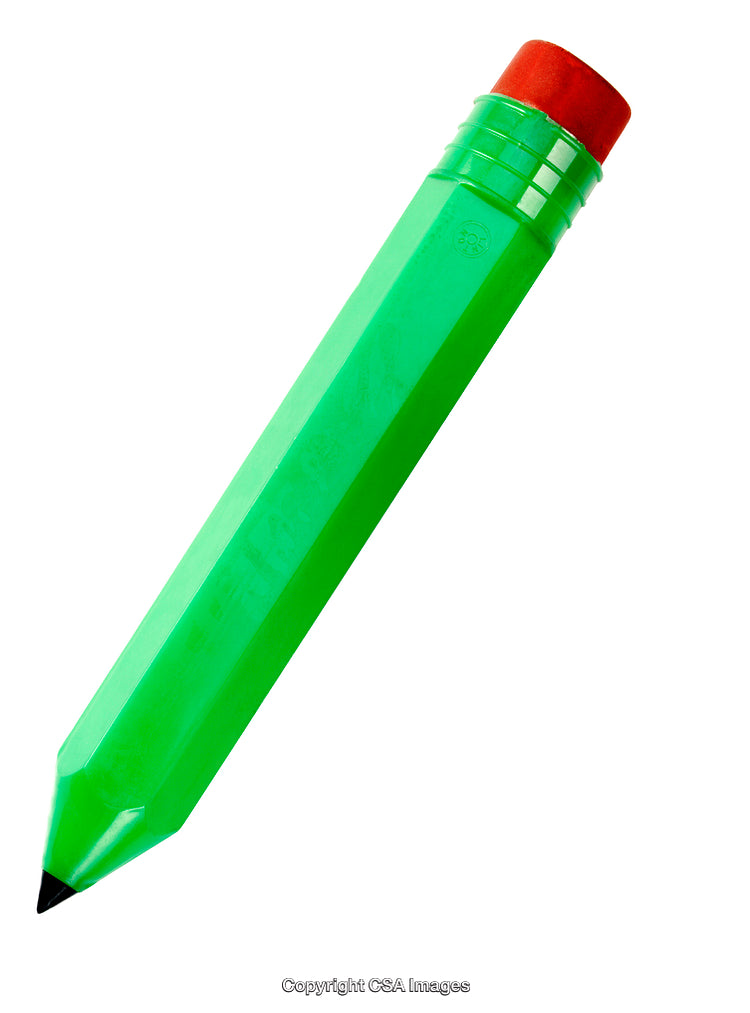 Bright Green Toy Pencil with Red Eraser on White Background