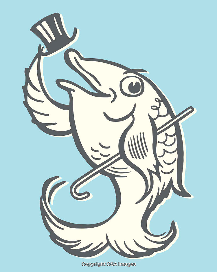 Playful Vintage Fish Illustration With Fancy Hat and Cane