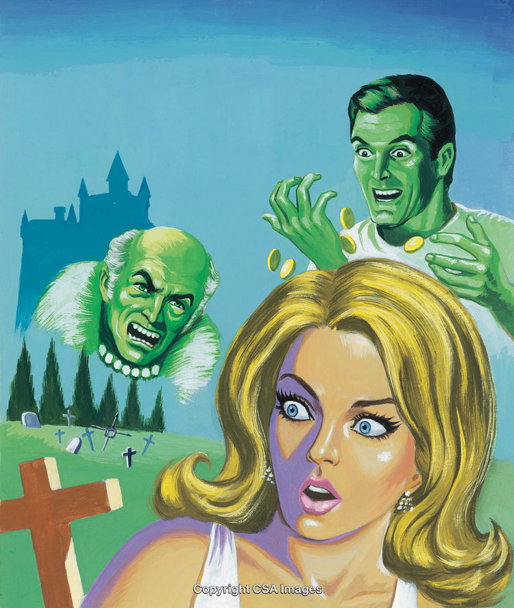 Retro Style Horror Artwork Depicting Frightened Woman and Mystical Figures