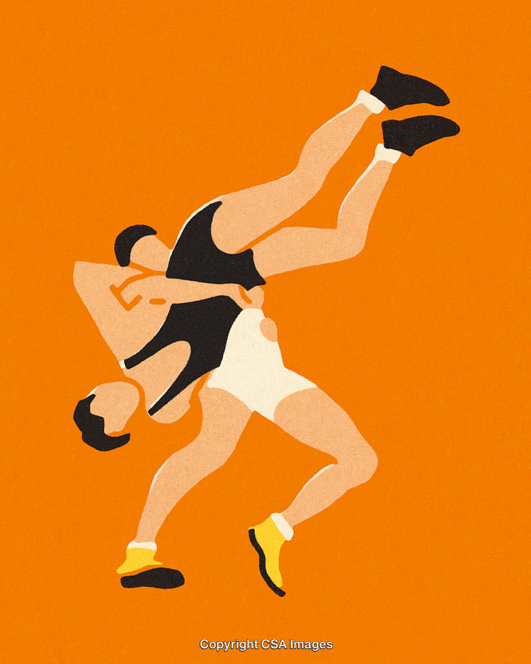 Dynamic Illustration of Wrestlers in Action on Vibrant Orange Background