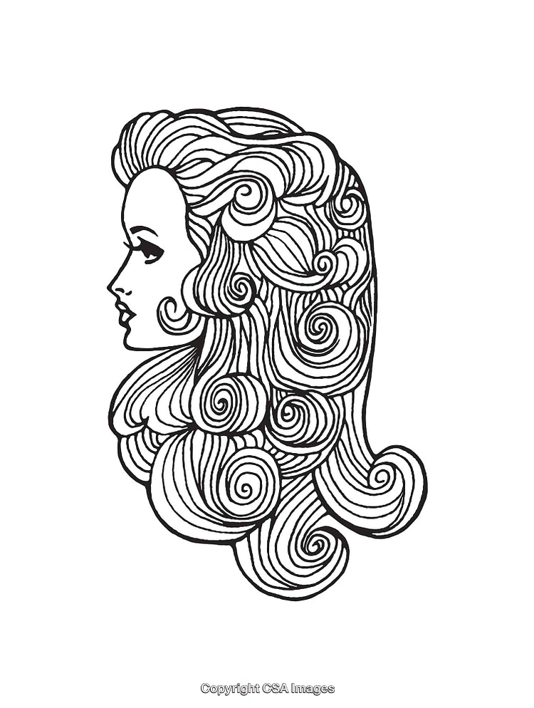 Intricate Black and White Line Art of a Woman with Flowing Hair