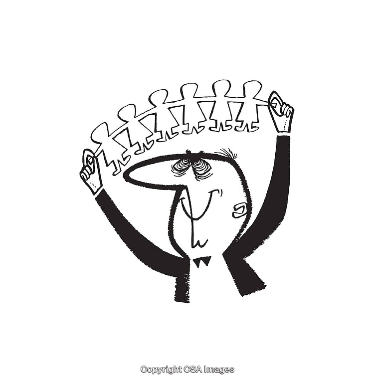 Black and White Line Art Illustration of Man Holding Paper Doll Cutouts