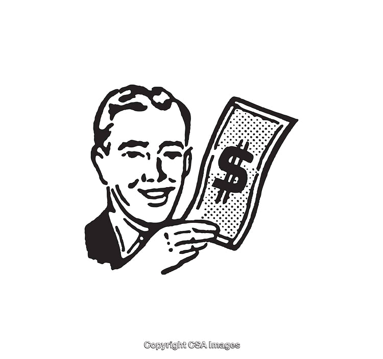 Retro Style Illustration of Man Holding Dollar Bill Celebrating Success