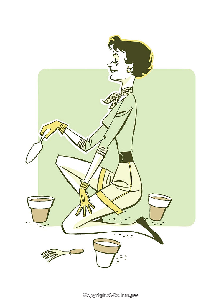 Vintage Cartoon of Woman Gardening with Pots and Tools Carefully Arranged