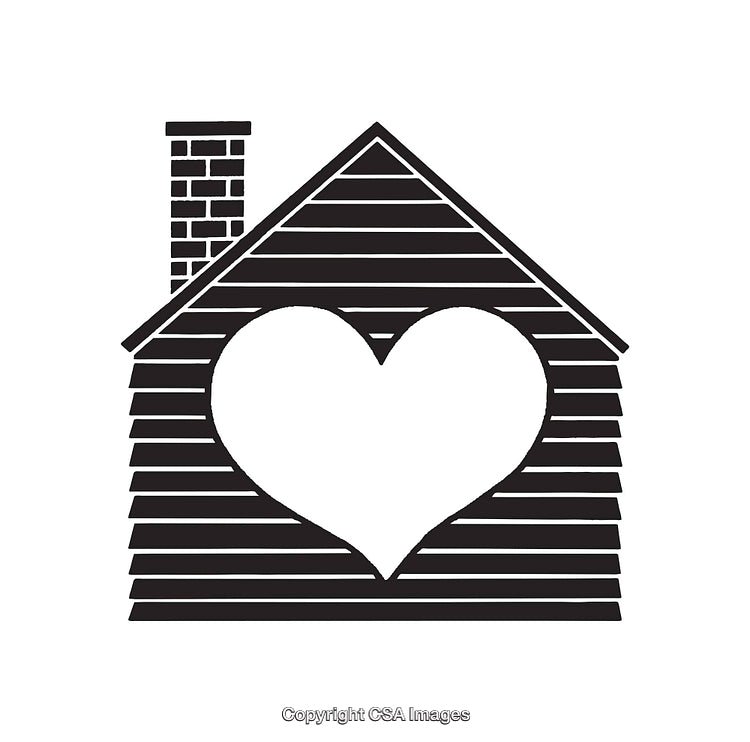 Black And White Illustration of a House with Heart Symbol Inside