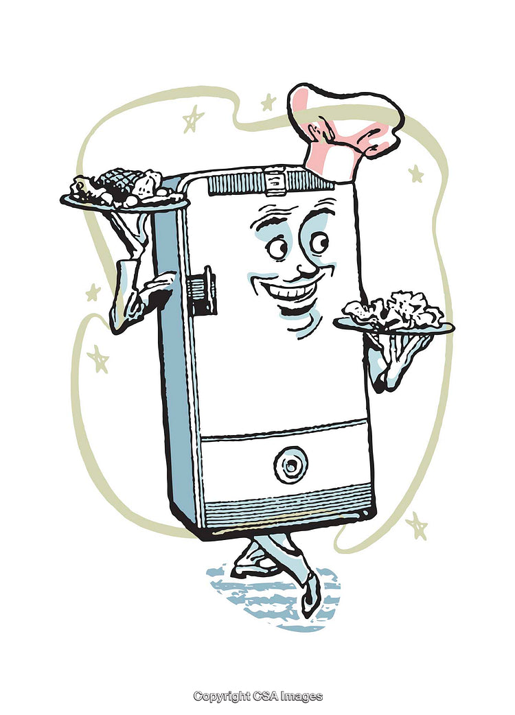 Whimsical Cartoon Refrigerator Chef Serving Meals with Enthusiasm