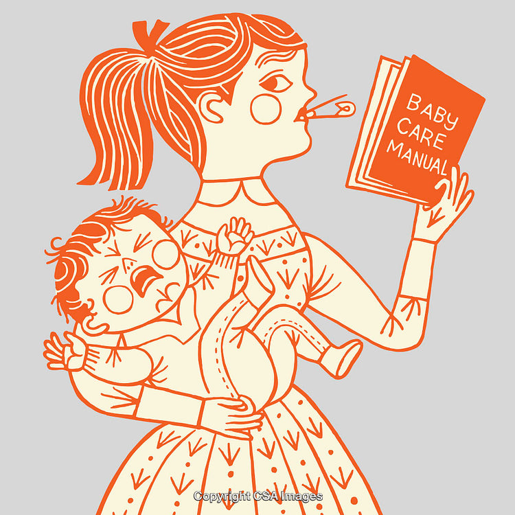 Illustration of a Parent Reading a Baby Care Manual While Holding Crying Baby