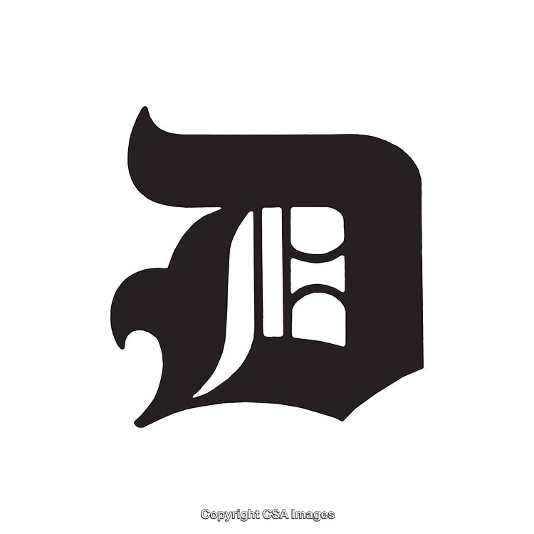 Ornate Black Letter D in Gothic Typographic Style on White Background