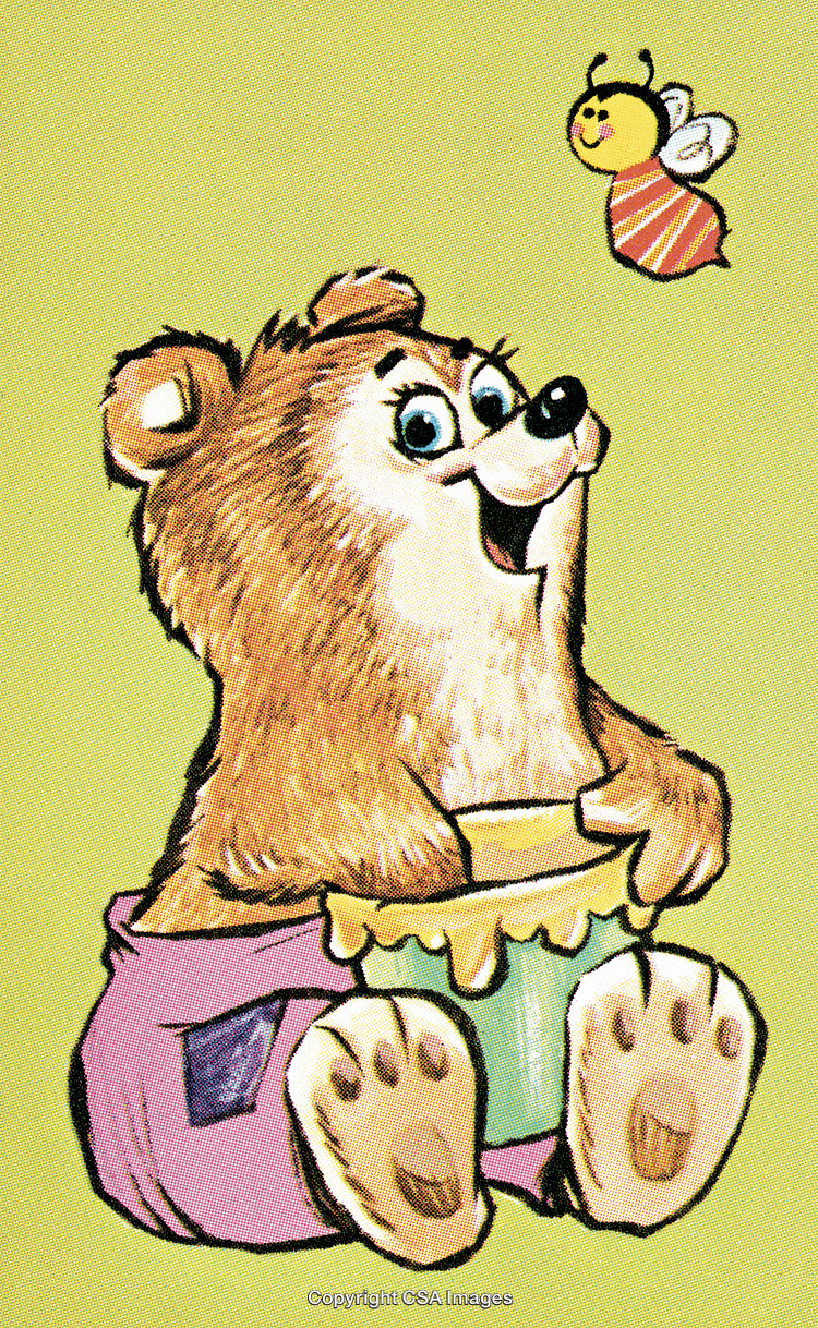 Playful Cartoon Bear Enjoying Honey While Interacting With Friendly Bee