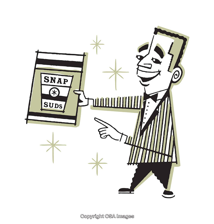 Retro Style Illustration of Man Advertising Laundry Detergent with Enthusiastic Motion