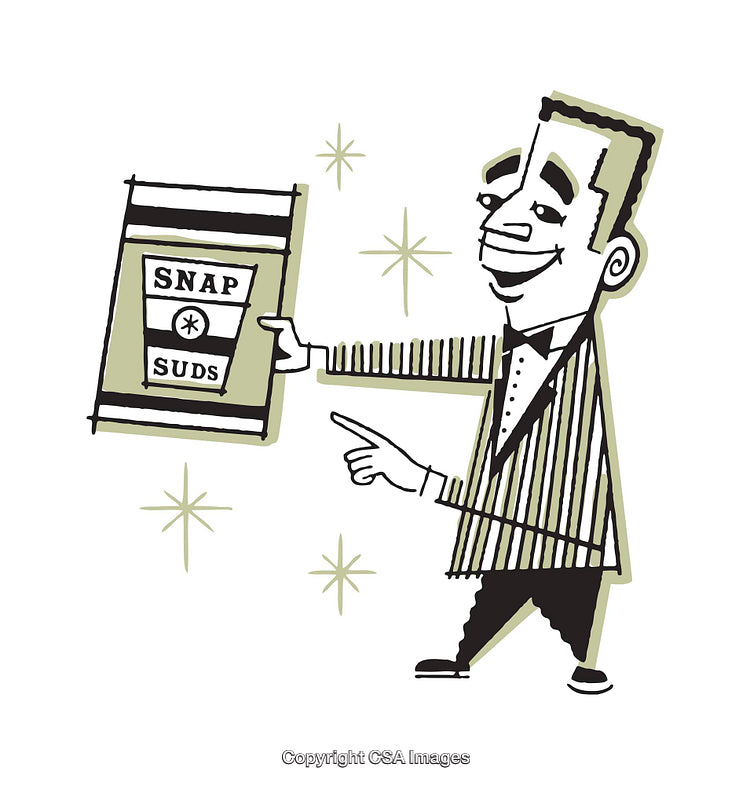 Retro Style Illustration of Man Advertising Laundry Detergent with Enthusiastic Motion