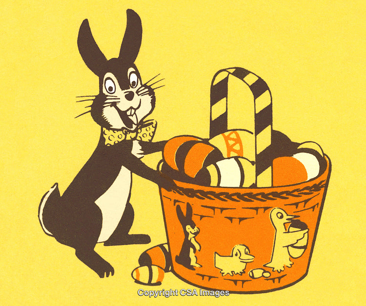 Easter Bunny with Basket of Painted Eggs on Yellow Background