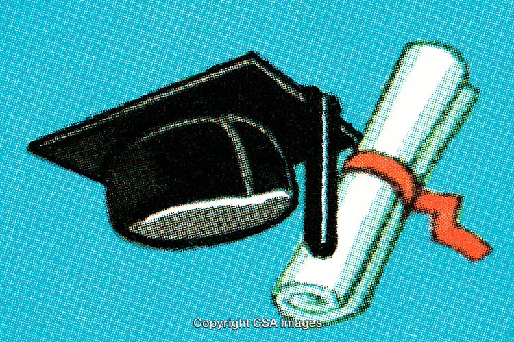 Graduation Cap and Diploma Illustration on Blue Background