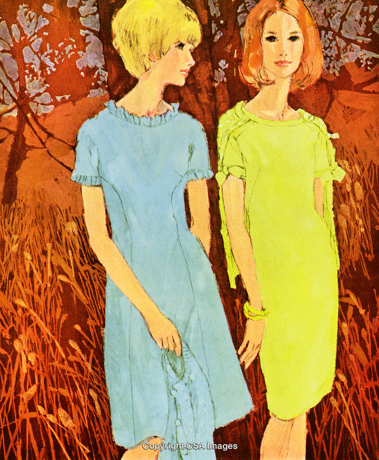 Vintage Style Illustration of Two Women in Dresses in Autumn Setting