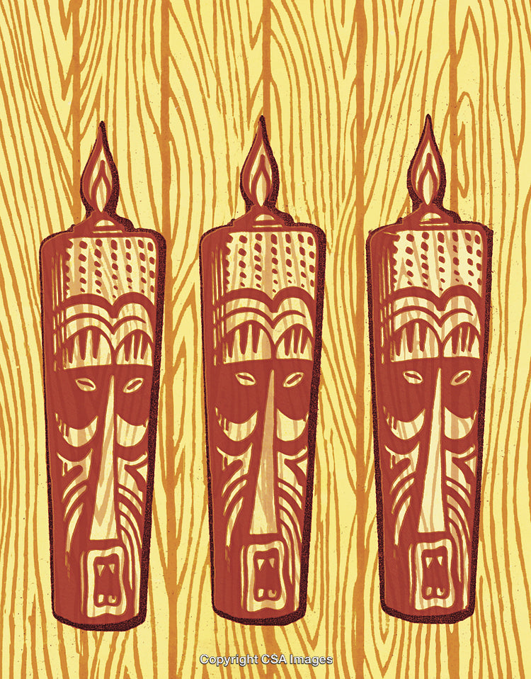 Tribal Patterned Candles With Unique Faces Against Wooden Background Art