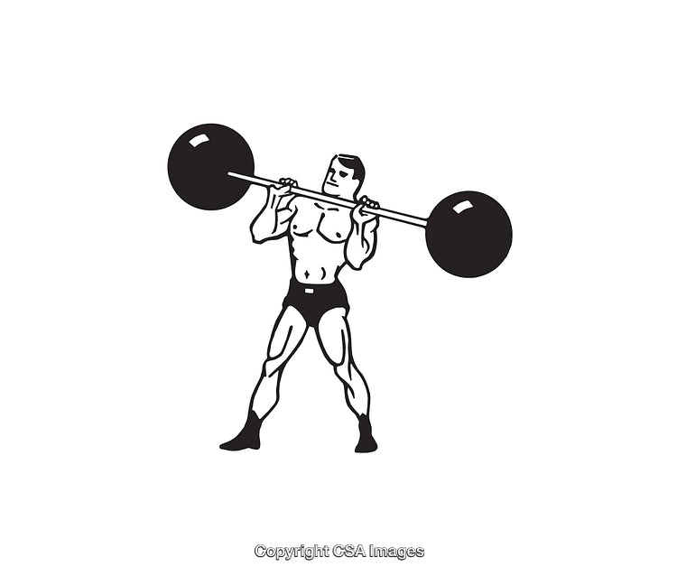 Black and White Illustration of a Man Weightlifting with a Heavy Barbell