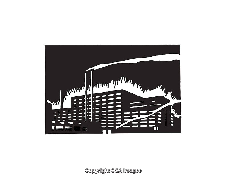 Black and White Line Art of an Industrial Building with Smokestacks
