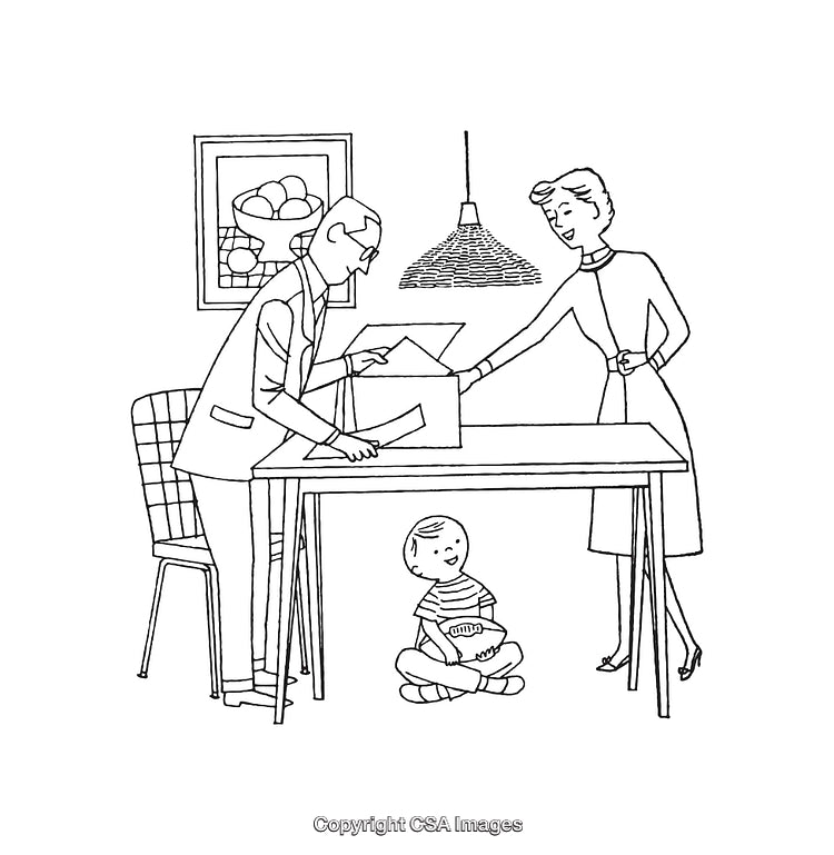 Family Engaging in Activities Around a Table in Line Art Illustration