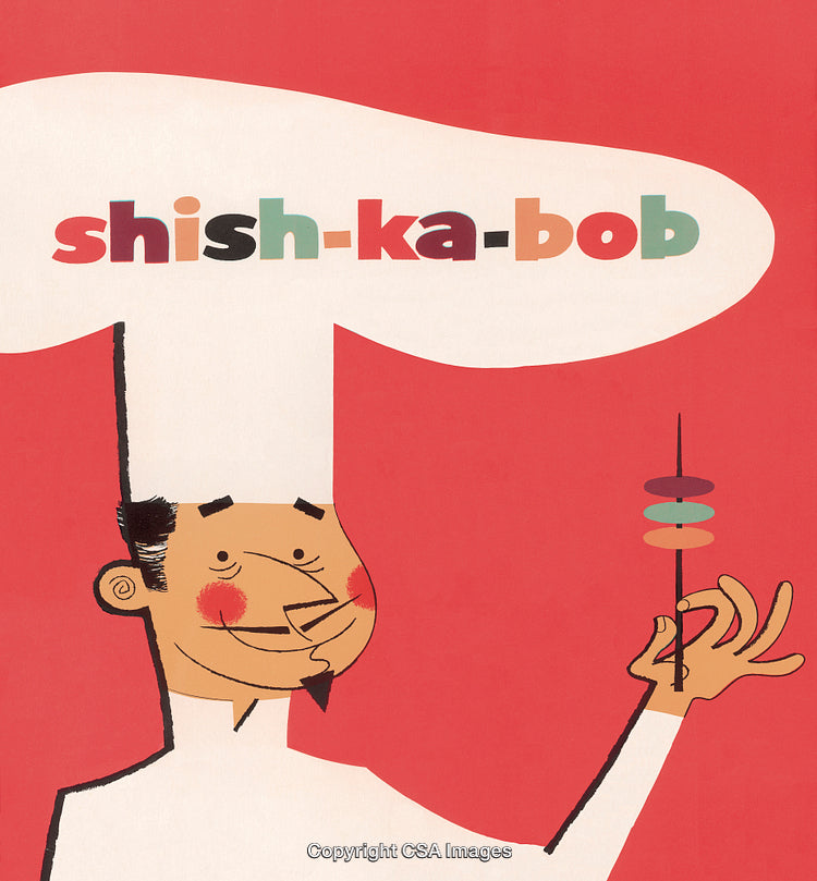 Colorful Chef Illustration Promoting Shish Kebab in Cartoon Style