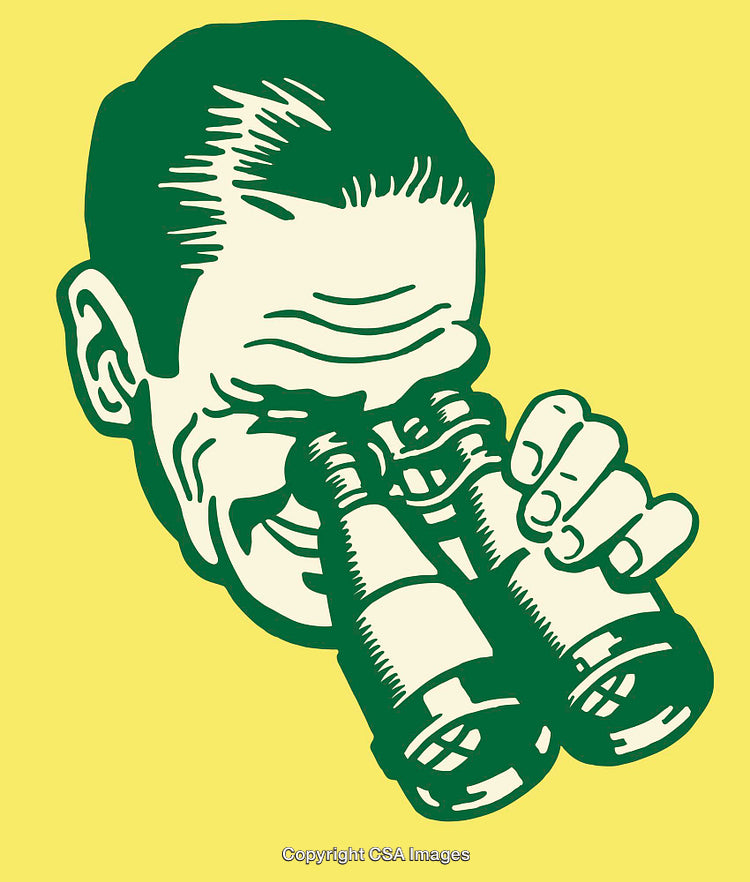 Green Line Art Illustration of Man Viewing Through Binoculars on Yellow Background