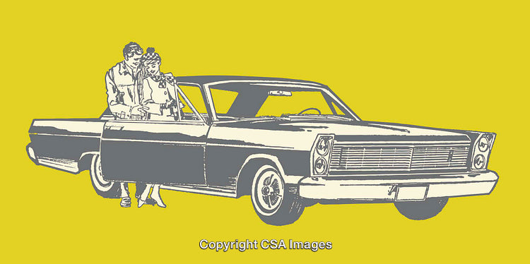 Vintage Car Illustration With Couple in Retro Style on Yellow Background