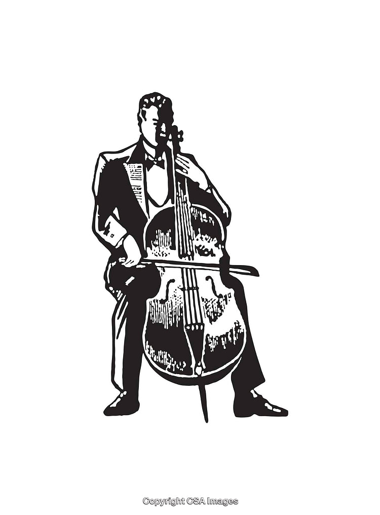 Black and White Illustration of a Cellist Playing a Cello