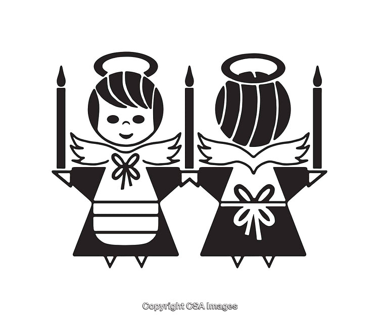 Black and White Line Art of Angels Holding Candles