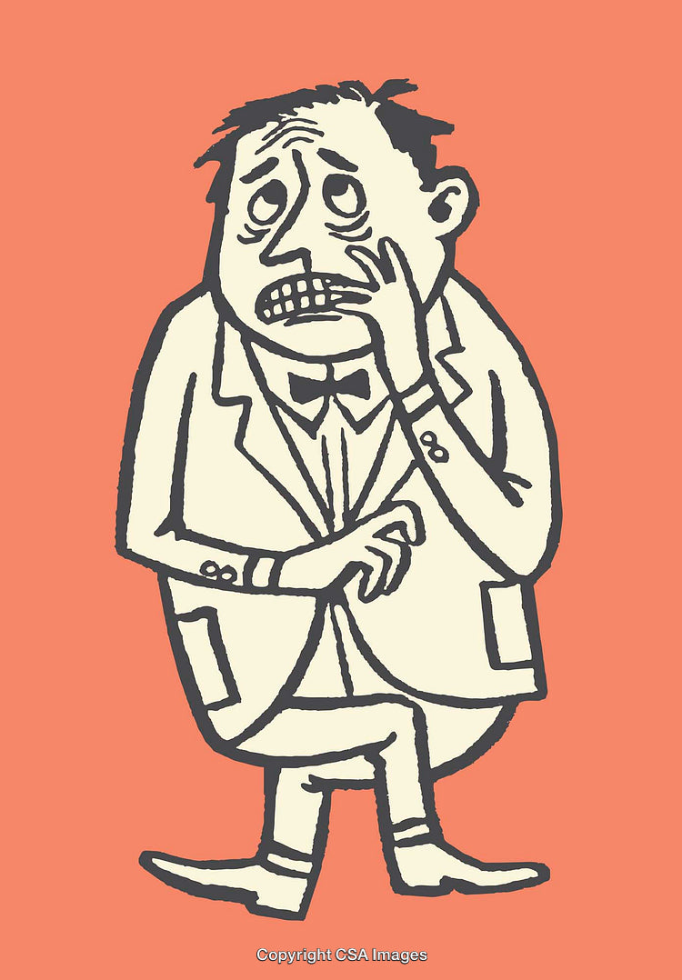 Cartoon Illustration of Nervous Man in Suit on Orange Background