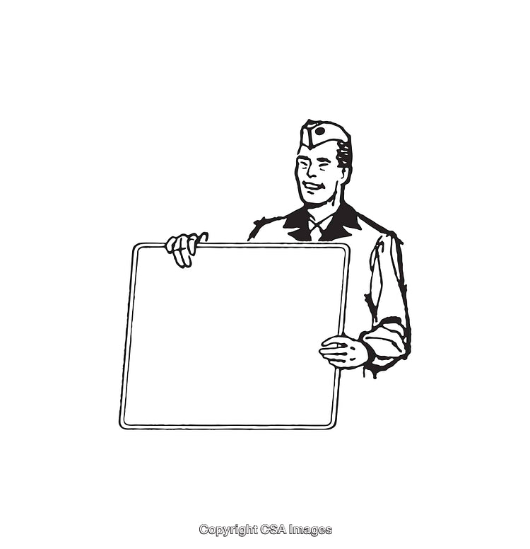 Vintage Line Art Illustration of Uniformed Man Holding Blank Sign
