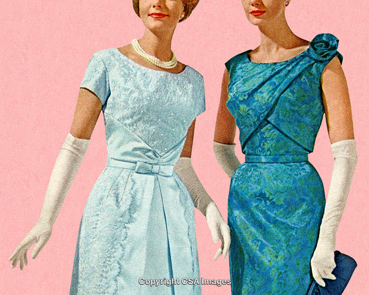 Elegant Retro Ladies in Vintage Dresses and Accessories on Pink Background