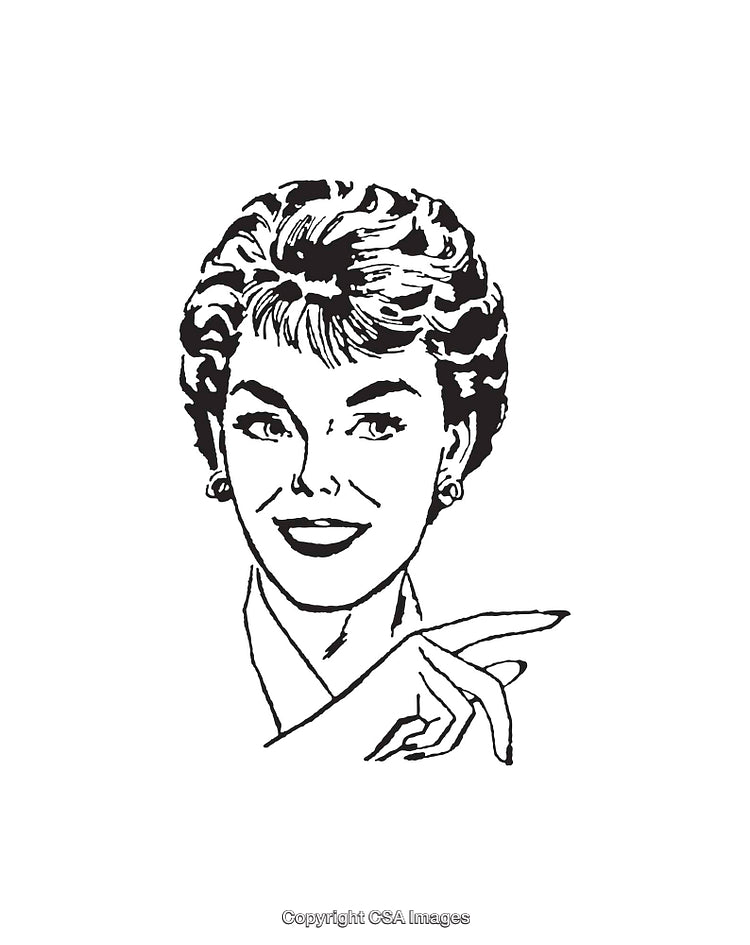 Retro Black and White Line Art Illustration of a Smiling Woman