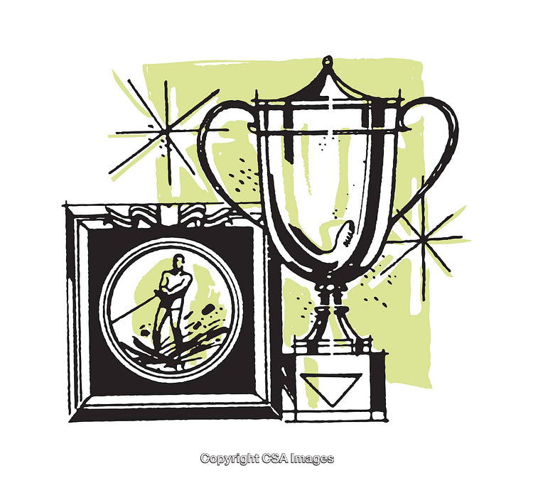 Stylized Illustration of a Trophy and Framed Athlete Portrait