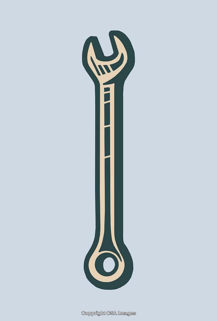 Stylized Line Art Illustration of an Open-End Wrench on a Blue Background