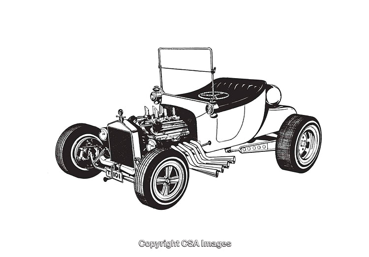 Vintage Hot Rod Car Illustration in Black and White Line Art Style
