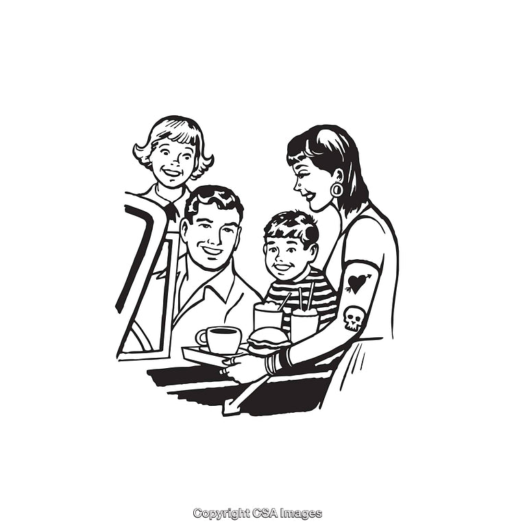 Family Enjoying a Meal Service in Retro Black and White Illustration