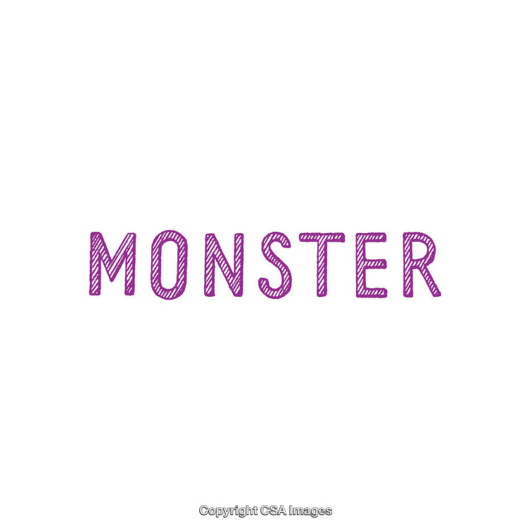 Colorful Monster Text in Purple, Handwritten Artistic Design on White Background