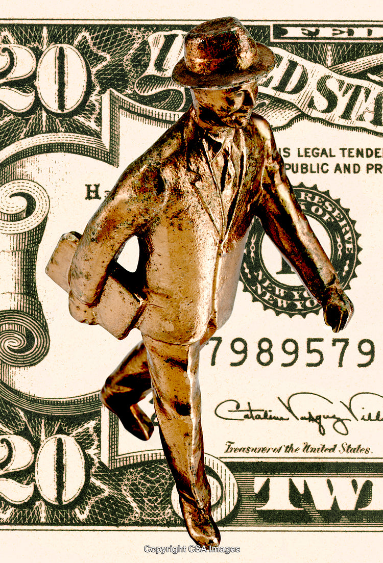 Bronze Figurine of Businessman Against US Twenty Dollar Bill Texture