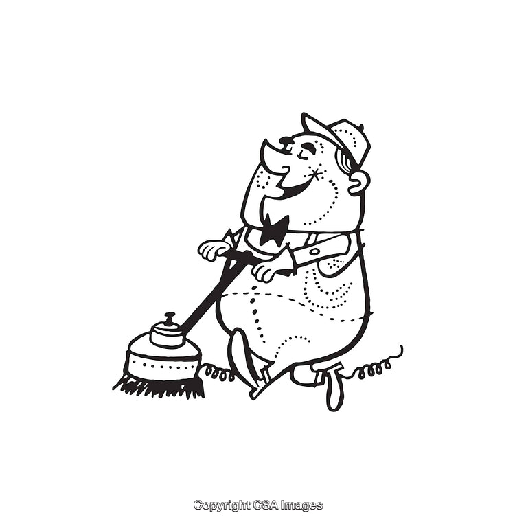 Whimsical Line Art of a Happy Man Operating a Floor Polisher