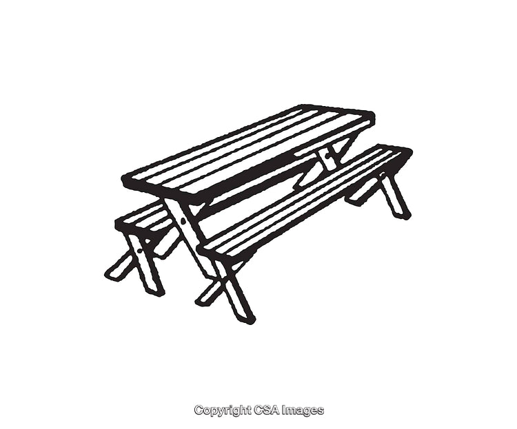 Black and White Line Art of a Picnic Table with Benches