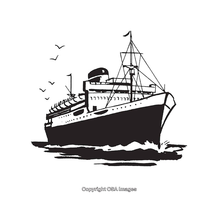 Vintage Line Art Illustration of an Ocean Liner at Sea