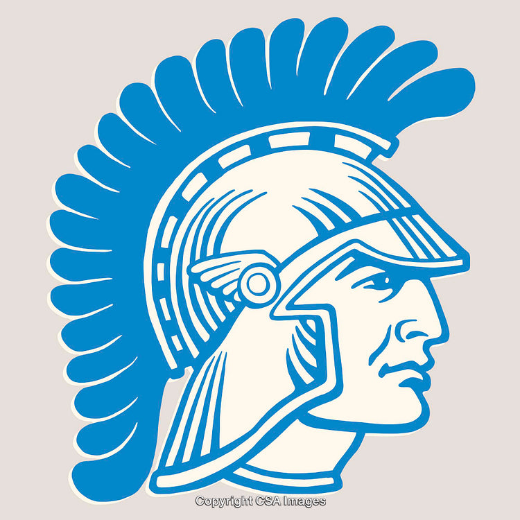 Blue and White Line Art of a Roman Soldier Helmet Profile