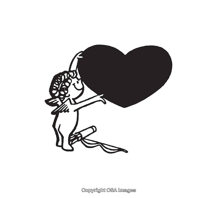 Black And White Line Art of Cupid Holding a Heart Symbol